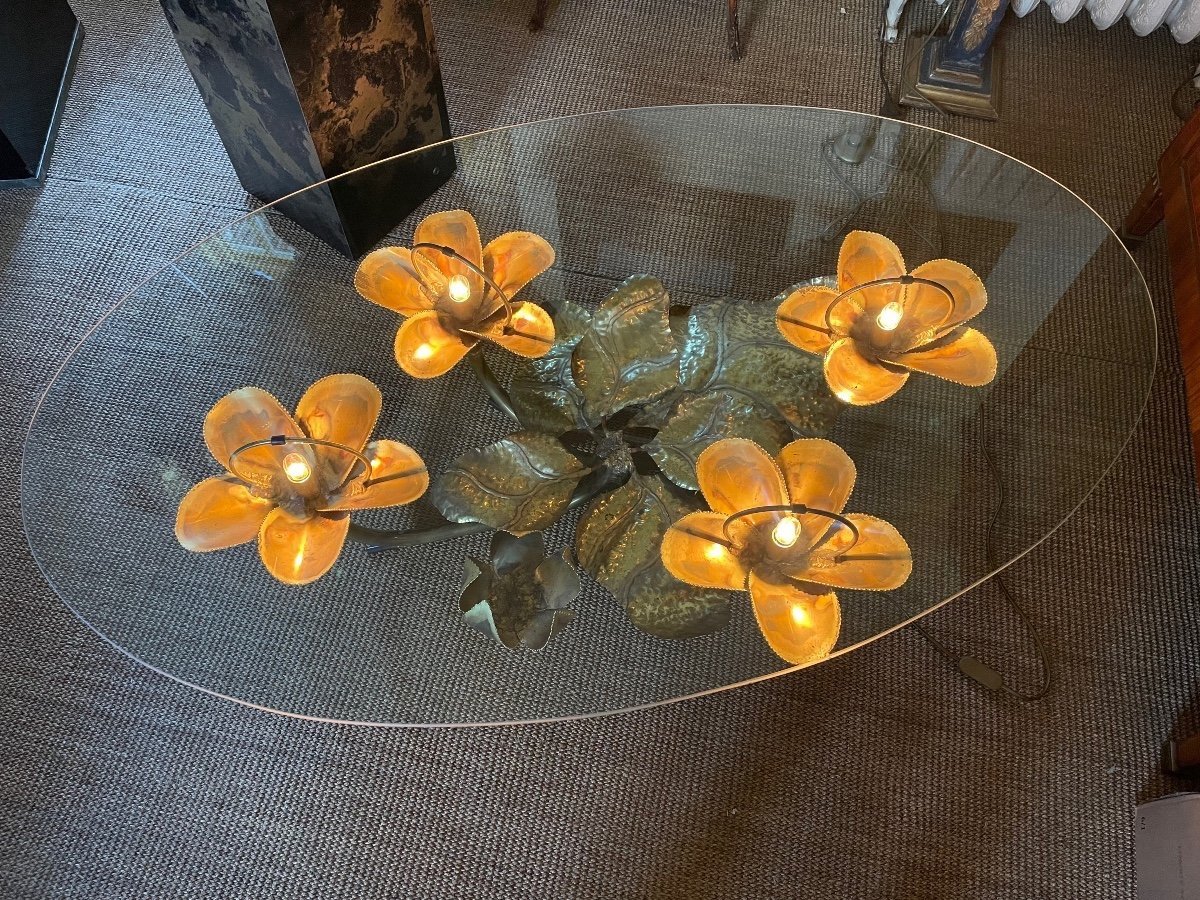 Golden Brass And Glass Water Lily Coffee Table. Maison Honoré Paris' 1980