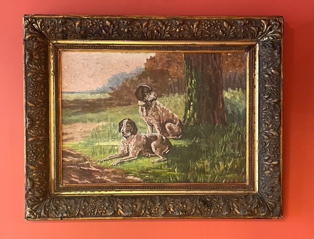 « Le Repos Des Chiens De Chasse ». Huile Sur Toile XIX Ème. 