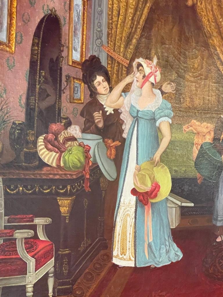 Tableau Scène D’intérieur Huile Sur Toile « l’essayage des chapeaux »-photo-1