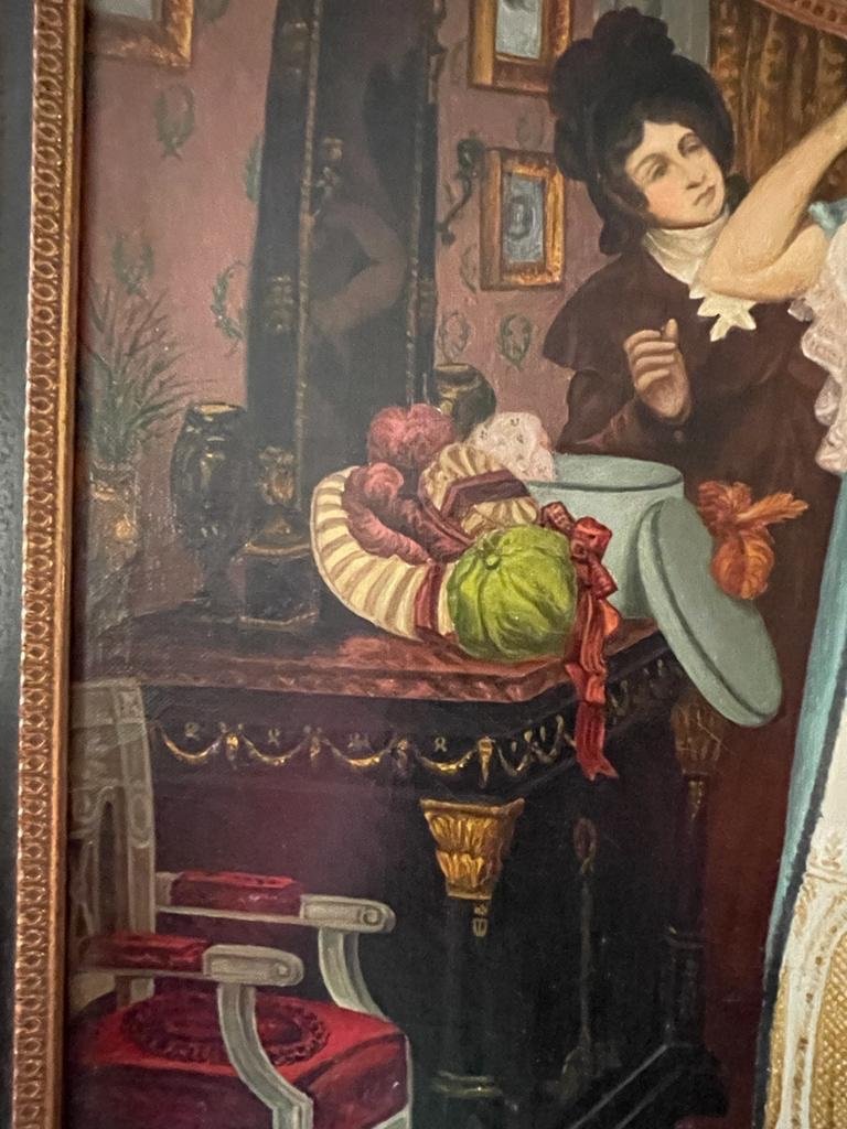 Tableau Scène D’intérieur Huile Sur Toile « l’essayage des chapeaux »-photo-2