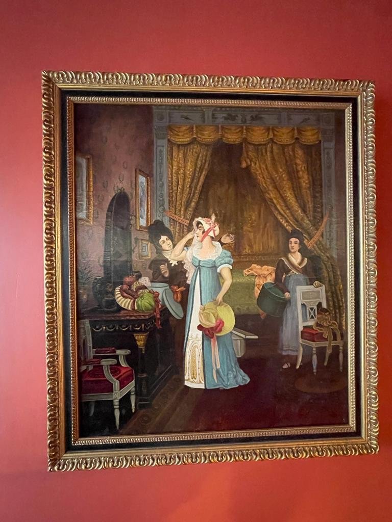 Tableau Scène D’intérieur Huile Sur Toile « l’essayage des chapeaux »