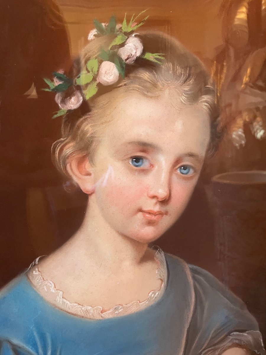 Pastel XVIII ème Jeune Fille Et Son Chien -photo-3