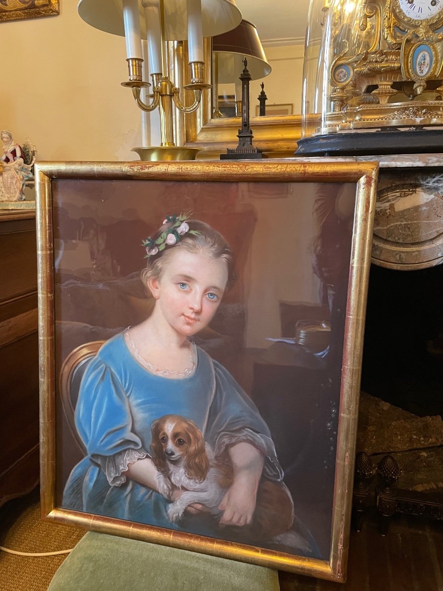 Pastel XVIII ème Jeune Fille Et Son Chien -photo-3