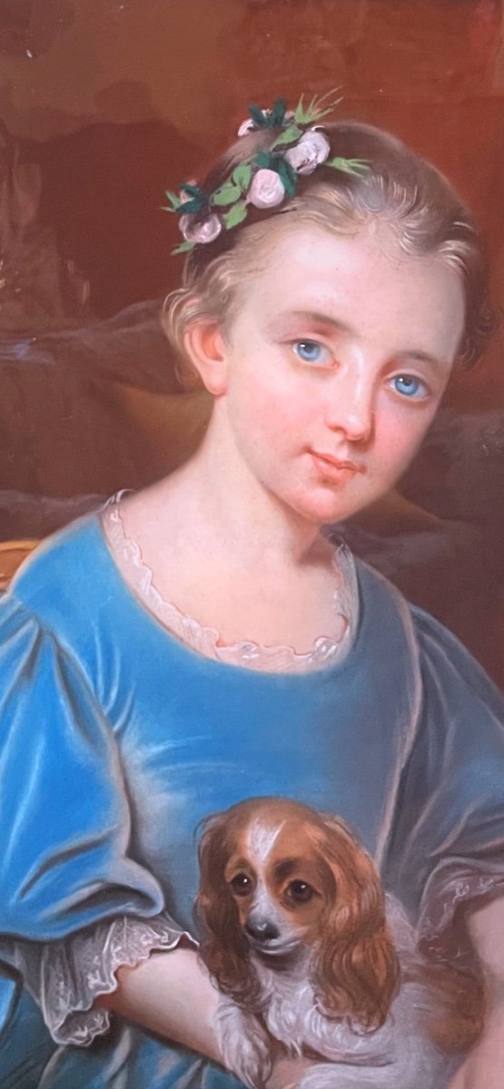 Pastel XVIII ème Jeune Fille Et Son Chien 