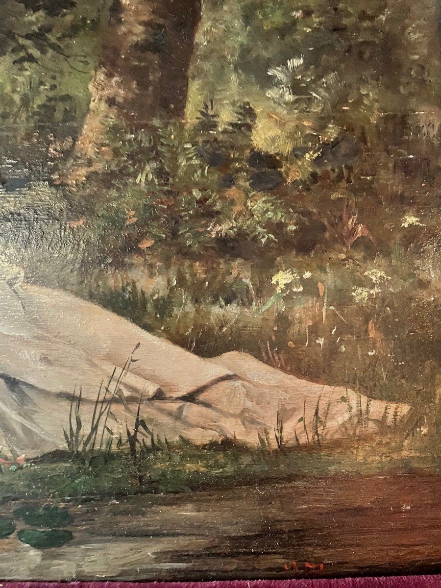 Huile Sur Panneau « Jeune Fille à La Rivière » signé Teysonnieres-photo-1