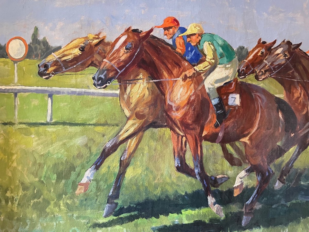 Huile Sur Toile Course De Chevaux Galopeurs Signé Noël Ferencz-photo-4