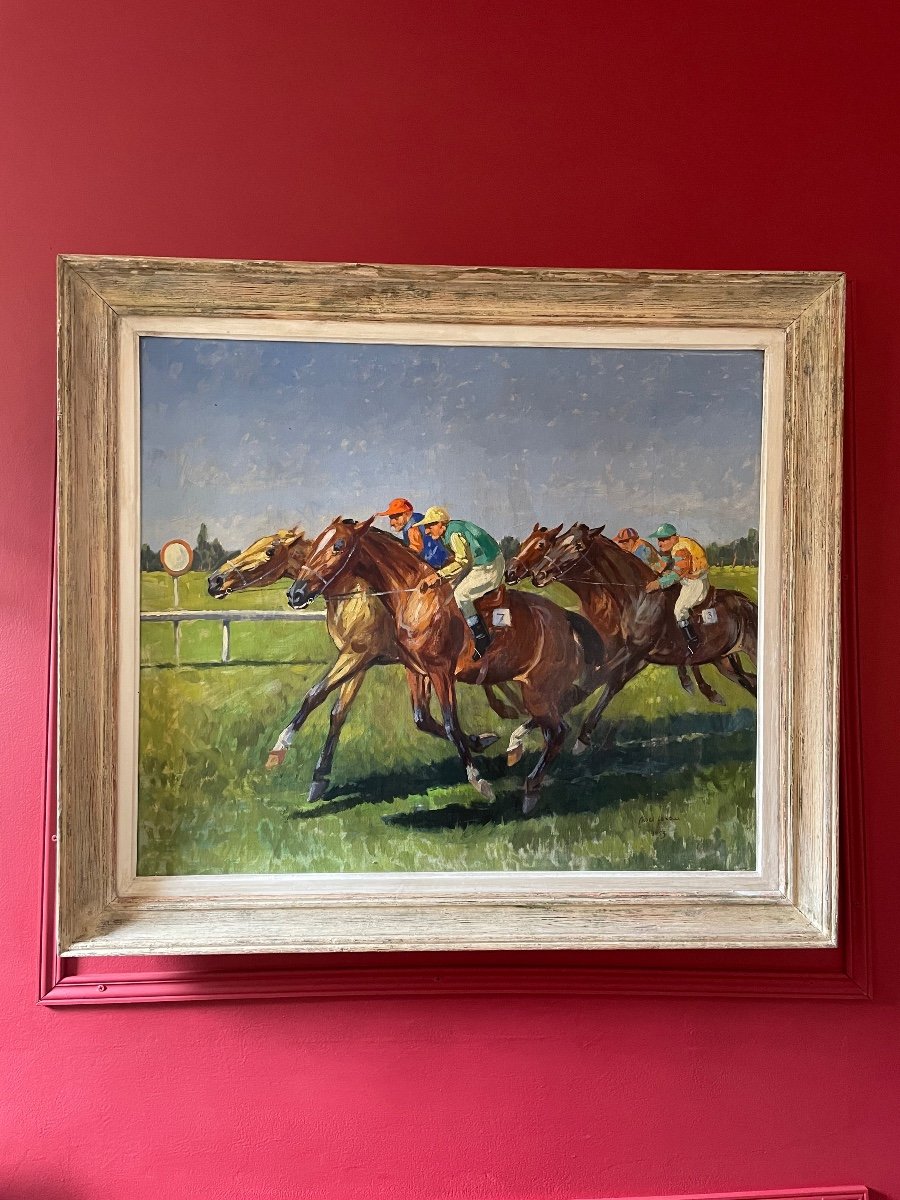 Huile Sur Toile Course De Chevaux Galopeurs Signé Noël Ferencz