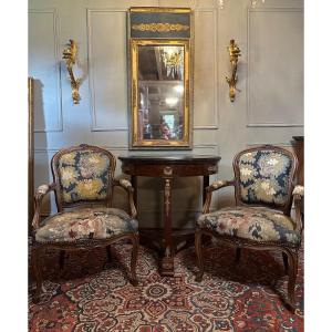 Pair Of Louis XV Style Armchairs, 18th Century Aubusson Tapestries.