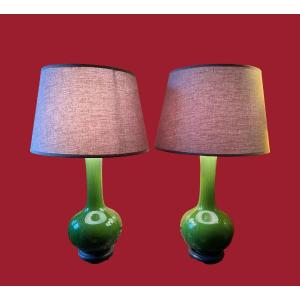 Pair Of Large Green Glazed Ceramic Lamps. China Around 1970. 
