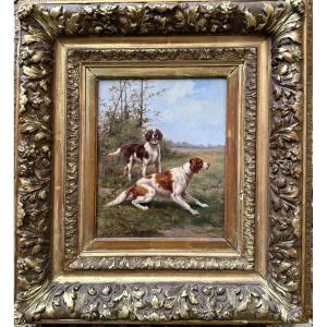 Albert Willms (1800-1900) Two Hunting Dogs. Oil On Panel.