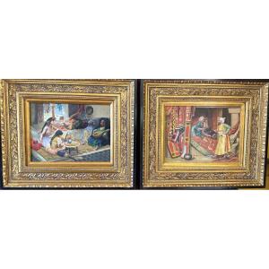 Pair Of Oil On Panel Orientalist Genre Scenes.