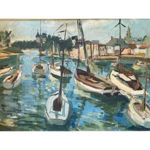Port de pêche . Huile sur toile de Micheline CATTY.