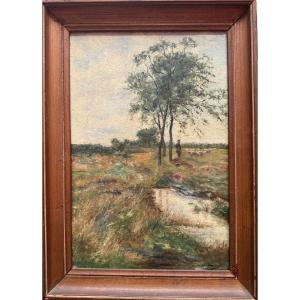 Paysage au berger. Huile sur toile fin XIX Ème - Début XX ème. 