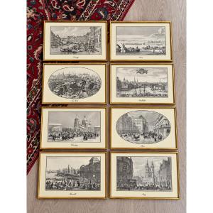 Set Of 8 Antique Engravings – Views Of Cities Around The World – Gilded Frames