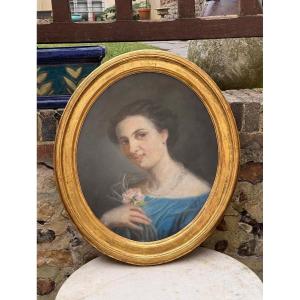Oval Pastel. Portrait Of A Young Girl With A Rose.