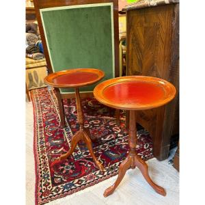 Pair Of Side Tables—natural Wood With Leather Accents