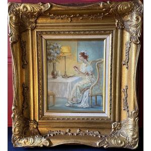 Huile sur toile " Jeune fille à sa lecture " Signé A.Renault.
