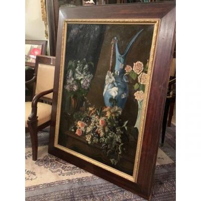 Large Still Life With Lilacs, Roses And Fruit Basket On An Entablature.