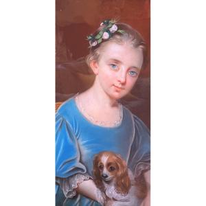 Pastel XVIII ème Jeune Fille Et Son Chien 