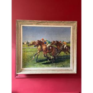 Oil On Canvas Galloping Horse Race Signed Noël Ferencz