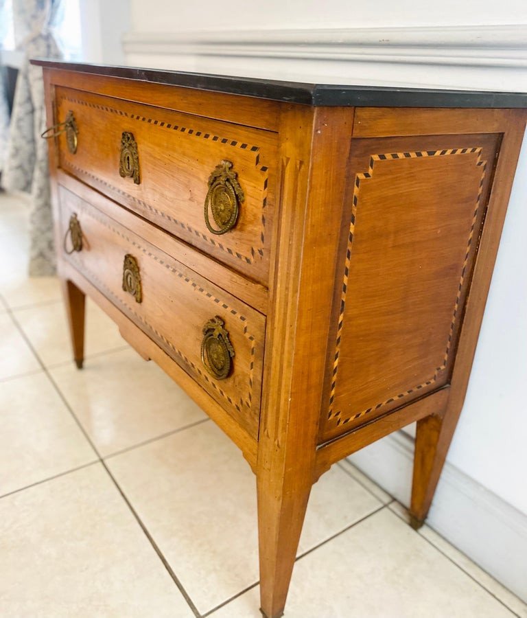 French Commode - Louis XVI 18th - Marquetry And Black Marble Top - France-photo-2