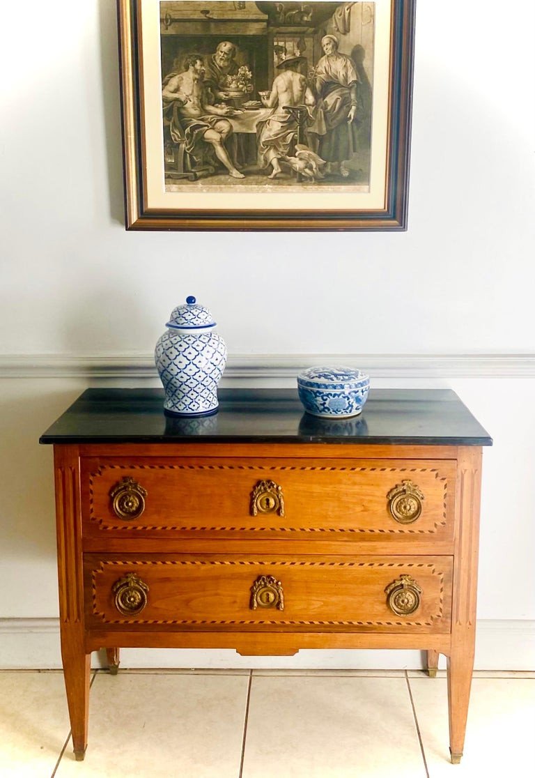 French Commode - Louis XVI 18th - Marquetry And Black Marble Top - France-photo-4