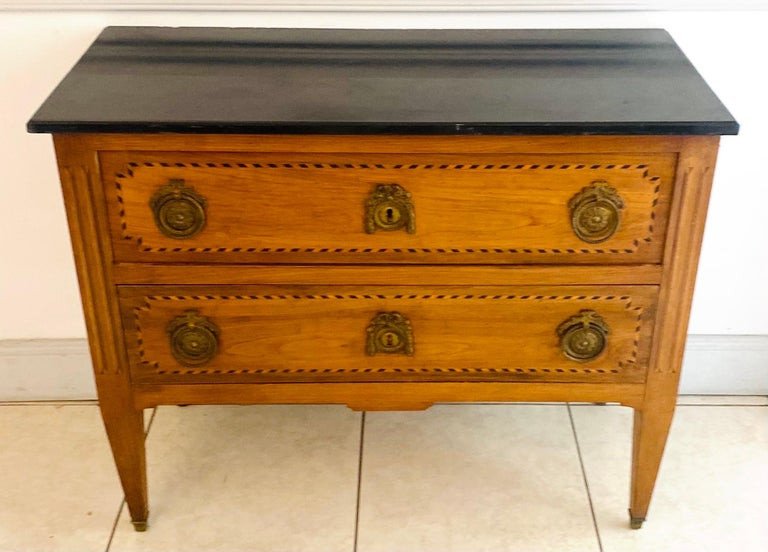 French Commode - Louis XVI 18th - Marquetry And Black Marble Top - France-photo-2