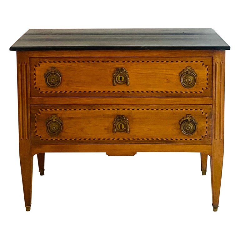 French Commode - Louis XVI 18th - Marquetry And Black Marble Top - France