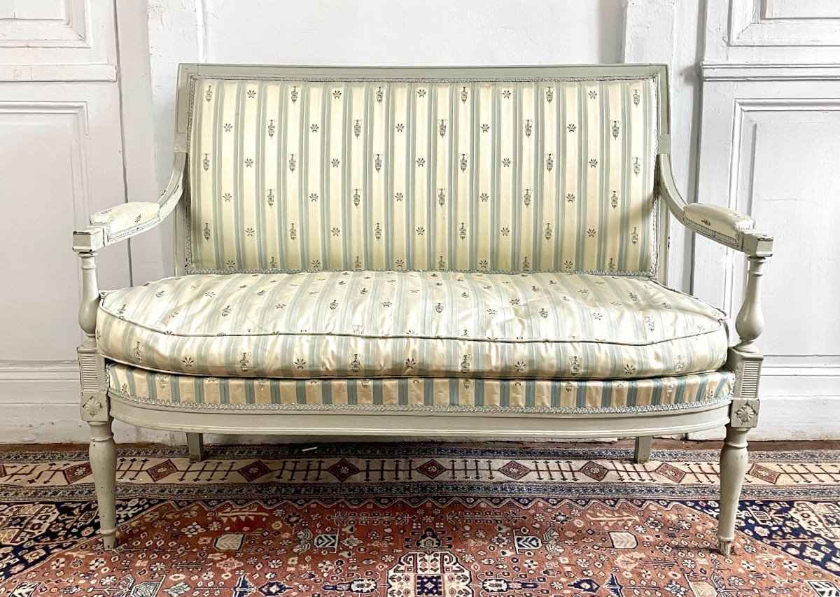 Canapé Banquette Directoire Français En Soie Bleu Gris Blanc 18ème - France-photo-2
