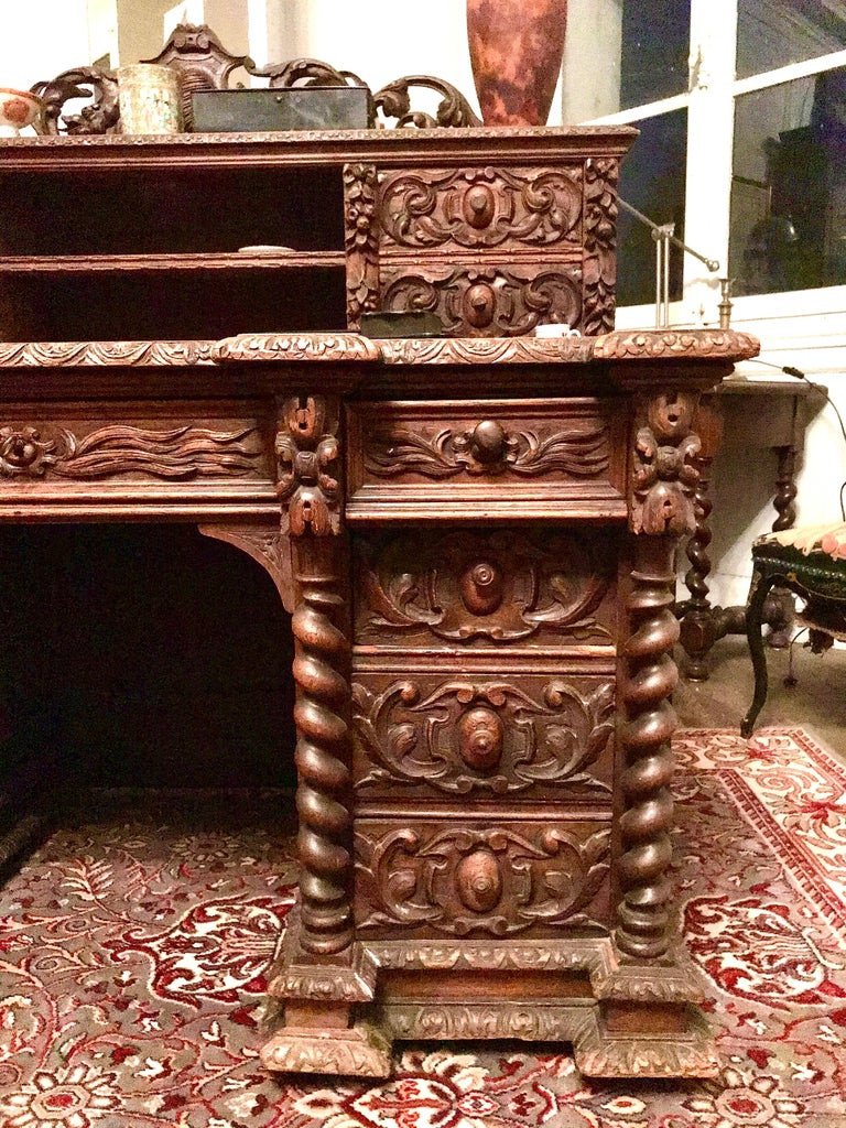Bureau Néo-renaissance En Bois Sculpté Main Style Henri II Vers 1870-photo-3