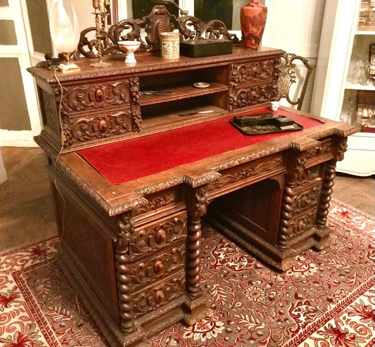 Bureau Néo-renaissance En Bois Sculpté Main Style Henri II Vers 1870-photo-4