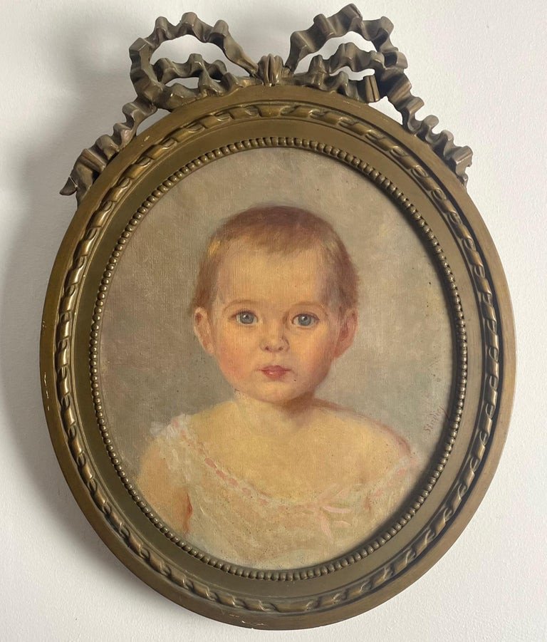 Portrait Of Baby / Young Child - Painting - Oil On Canvas Signed - Framed - France 19th-photo-2