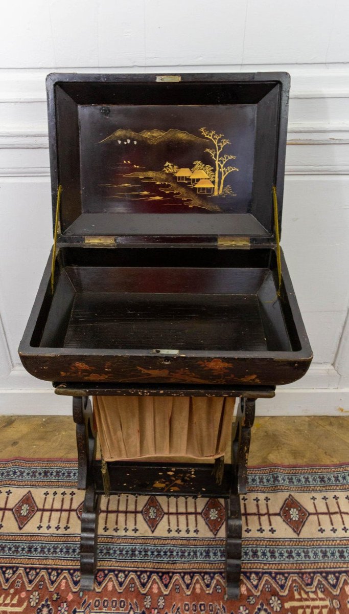Table De Travail Laquée, Table d'Appoint, Meuble De Couture En Accordéon, 19ème Siècle France-photo-3