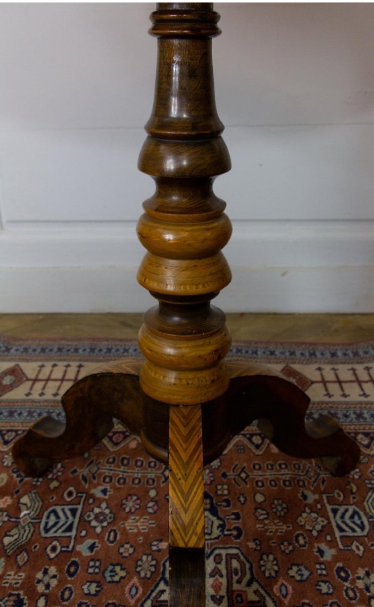 Pedestal Table - Tripod Pedestal Table In Marquetry And Mixed Wood, Italy, 19th Century-photo-4
