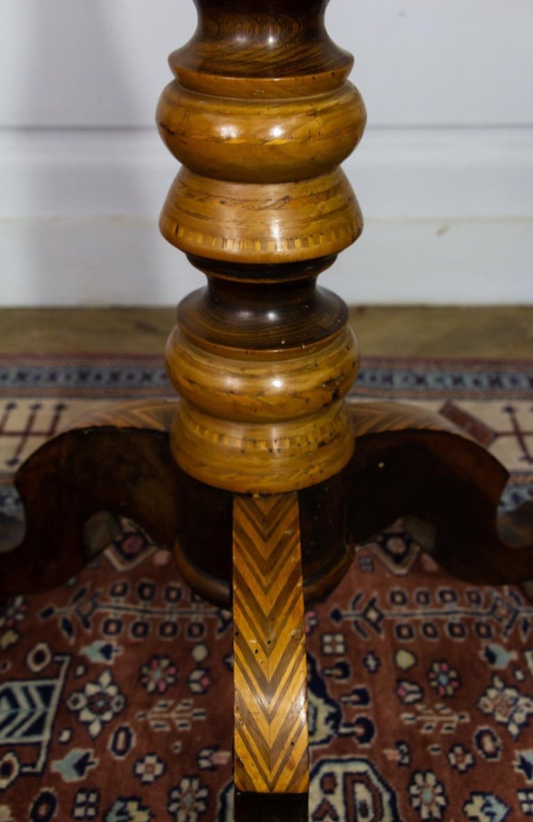 Pedestal Table - Tripod Pedestal Table In Marquetry And Mixed Wood, Italy, 19th Century-photo-4