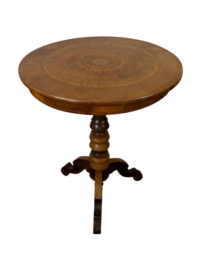 Pedestal Table - Tripod Pedestal Table In Marquetry And Mixed Wood, Italy, 19th Century