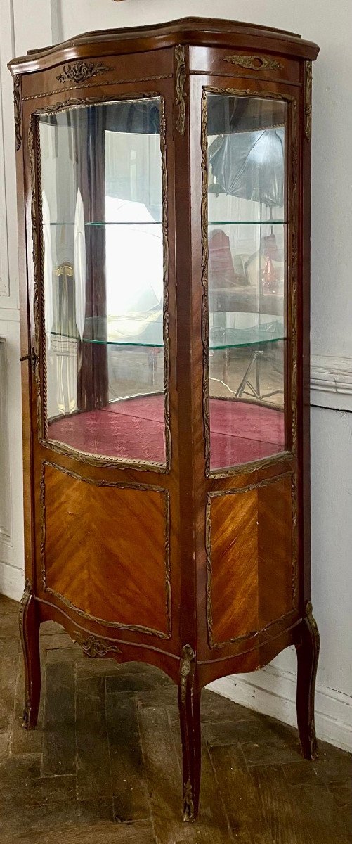 Mahogany Marquetry Showcase Cabinet With Mirror And Bronze - Louis XV Style - Napoleon III Period-photo-2