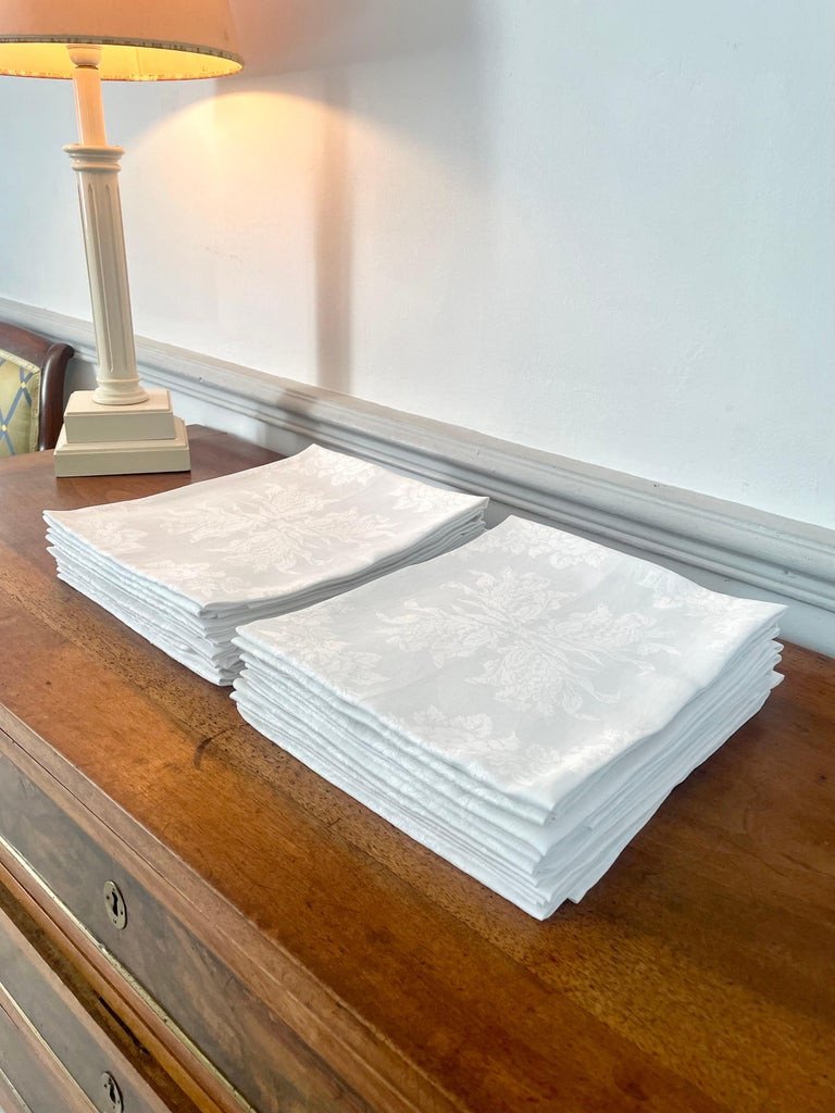 Set Of 24 Large White Linen Damask Napkins - Not Monogrammed - 1900 France-photo-3