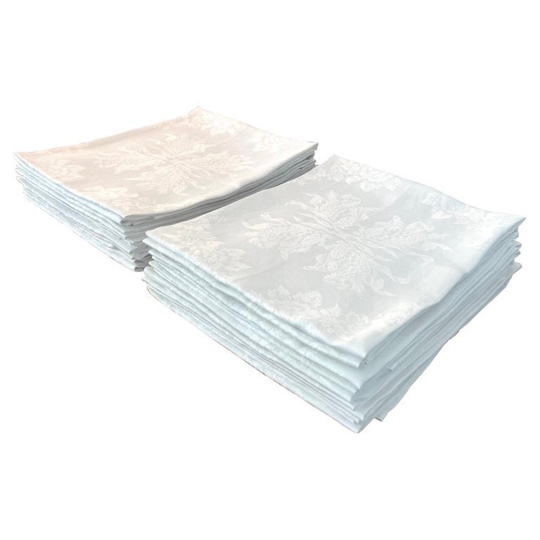 Set Of 24 Large White Linen Damask Napkins - Not Monogrammed - 1900 France
