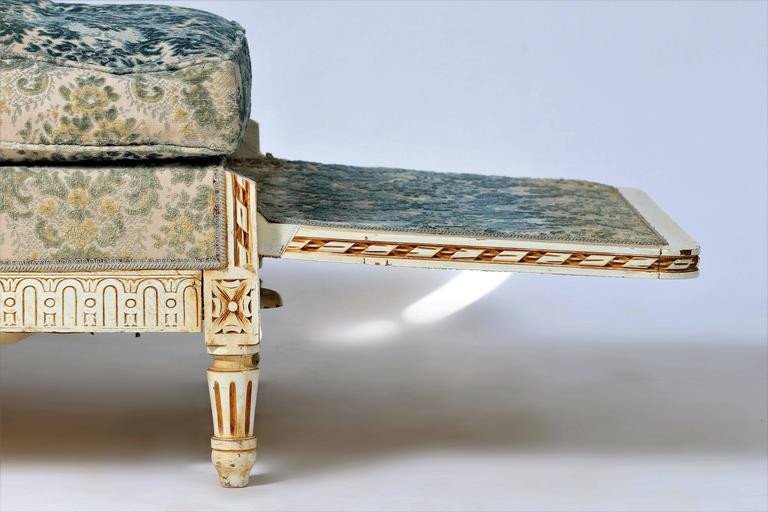 Louis XVI Style Bench Sofa In Green Blue White Velvet - Late 19th Century-photo-3
