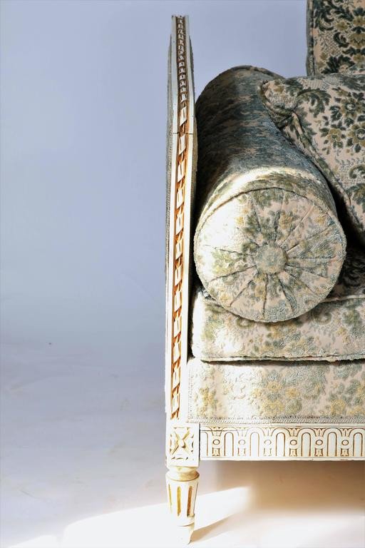 Louis XVI Style Bench Sofa In Green Blue White Velvet - Late 19th Century-photo-1