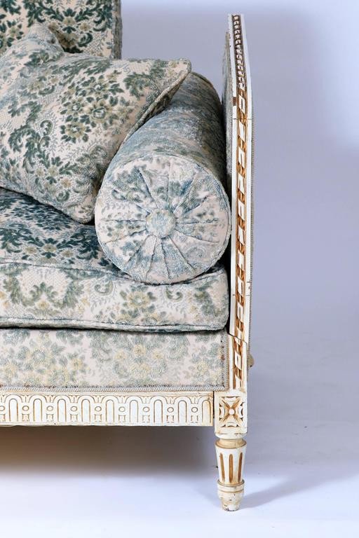 Louis XVI Style Bench Sofa In Green Blue White Velvet - Late 19th Century-photo-2