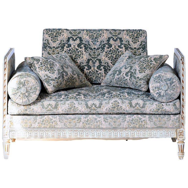 Louis XVI Style Bench Sofa In Green Blue White Velvet - Late 19th Century