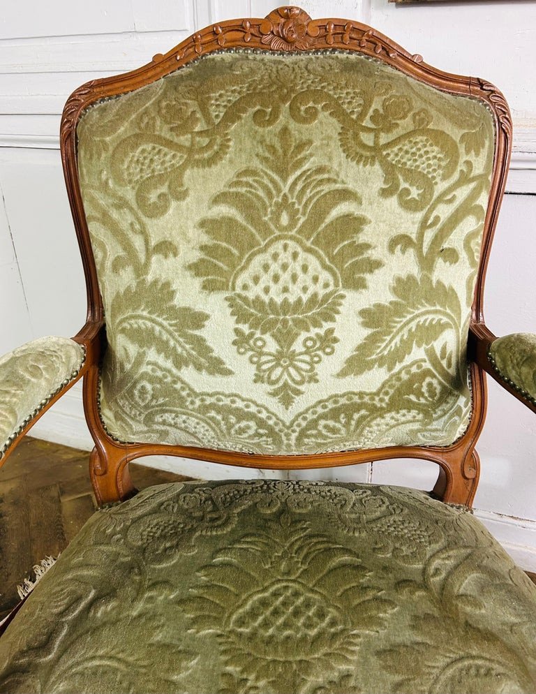 Paire De Fauteuils Cabriolet à La Reine - Style Louis XV - Tapisserie Velours Vert - 19ème-photo-2