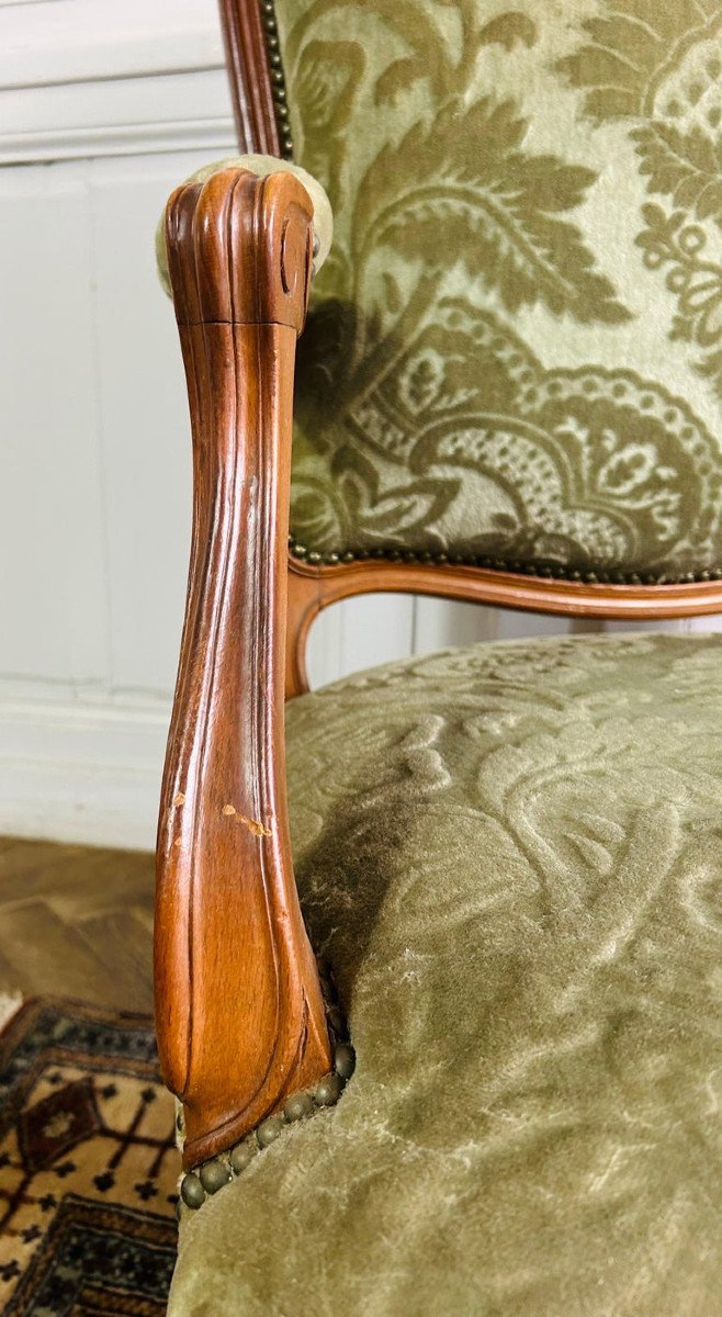 Pair Of Queen Cabriolet Armchairs - Louis XV Style - Green Velvet Tapestry - 19th-photo-8