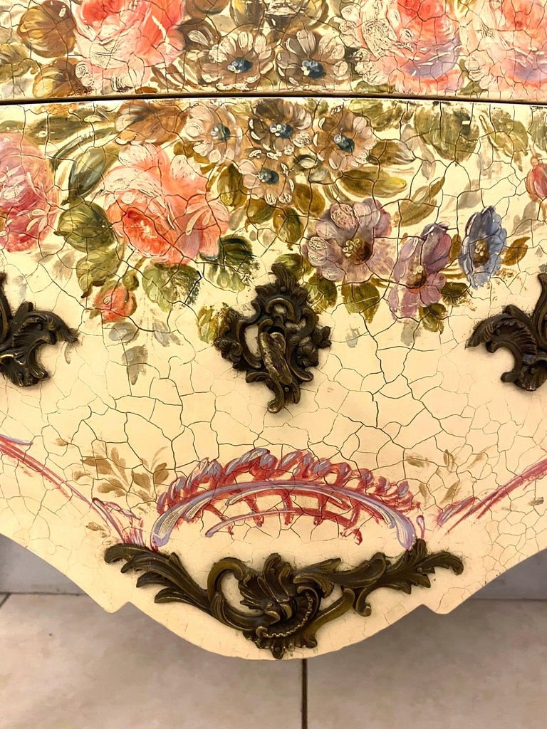 Venetian Painted Wood Commode With Floral And Marble Decor - Late 19th Century - Louis XV Style - Italy-photo-2