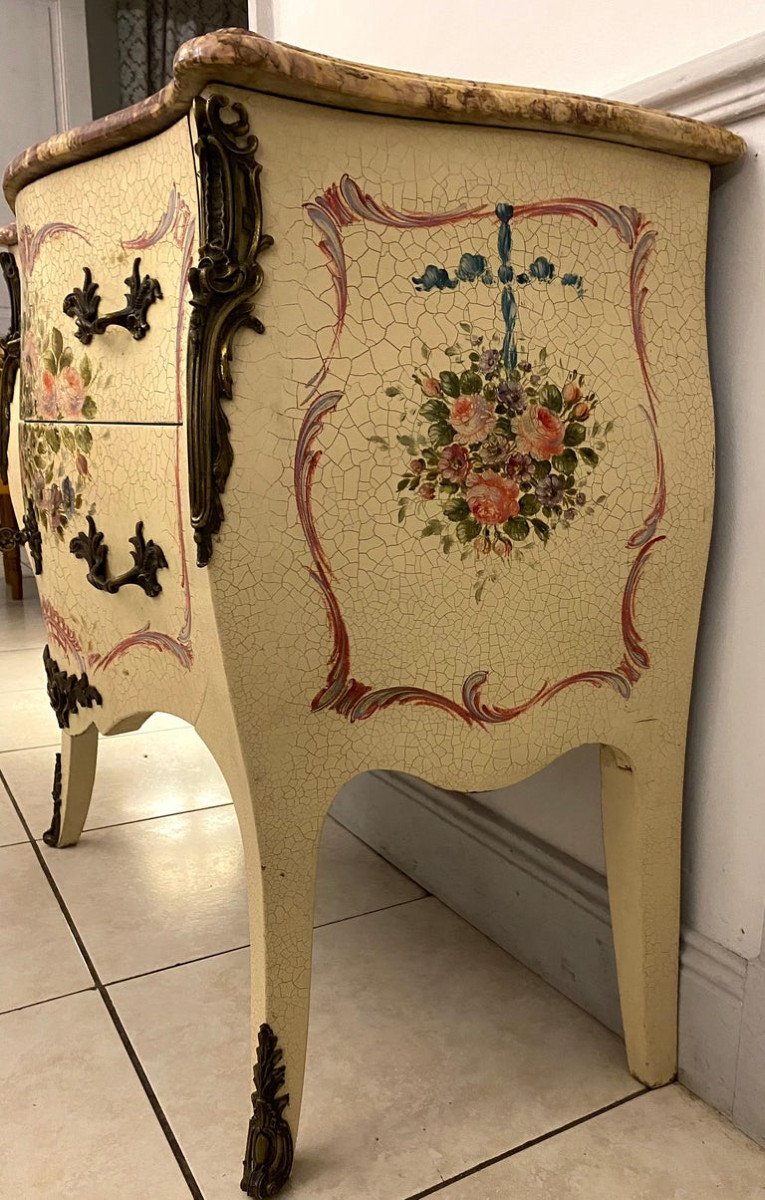 Venetian Painted Wood Commode With Floral And Marble Decor - Late 19th Century - Louis XV Style - Italy-photo-3
