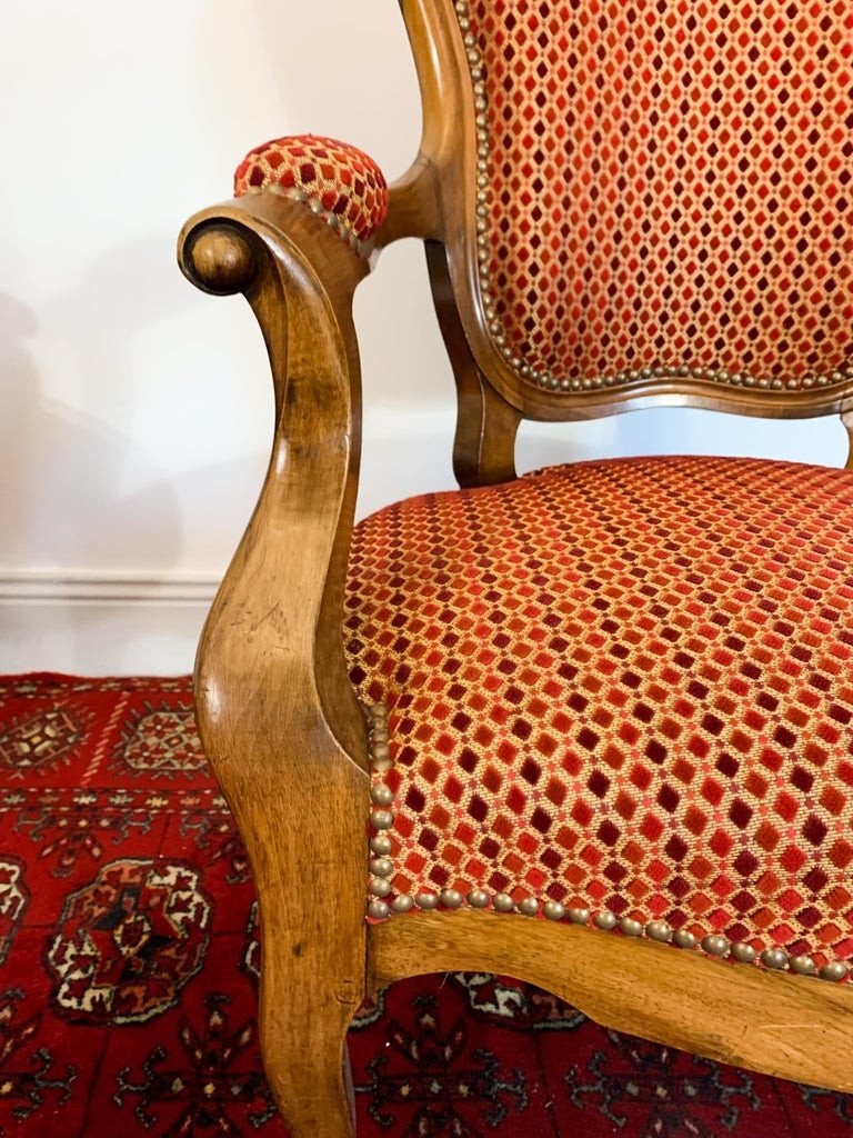 Louis XV Style Cabriolet Armchair - Bordeaux Red Tapestry - Mid 19th Century-photo-6