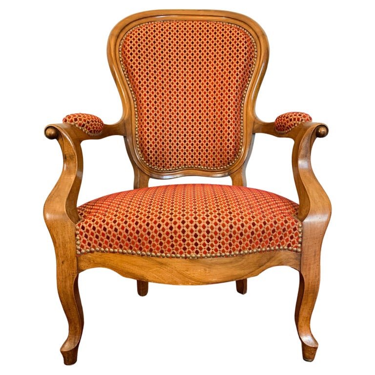 Louis XV Style Cabriolet Armchair - Bordeaux Red Tapestry - Mid 19th Century