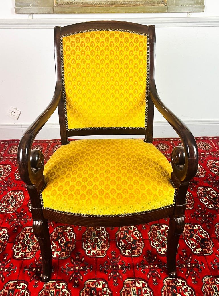 Fauteuil En Bois Sculpté Et Velours Jaune - Epoque Restauration - France-photo-2